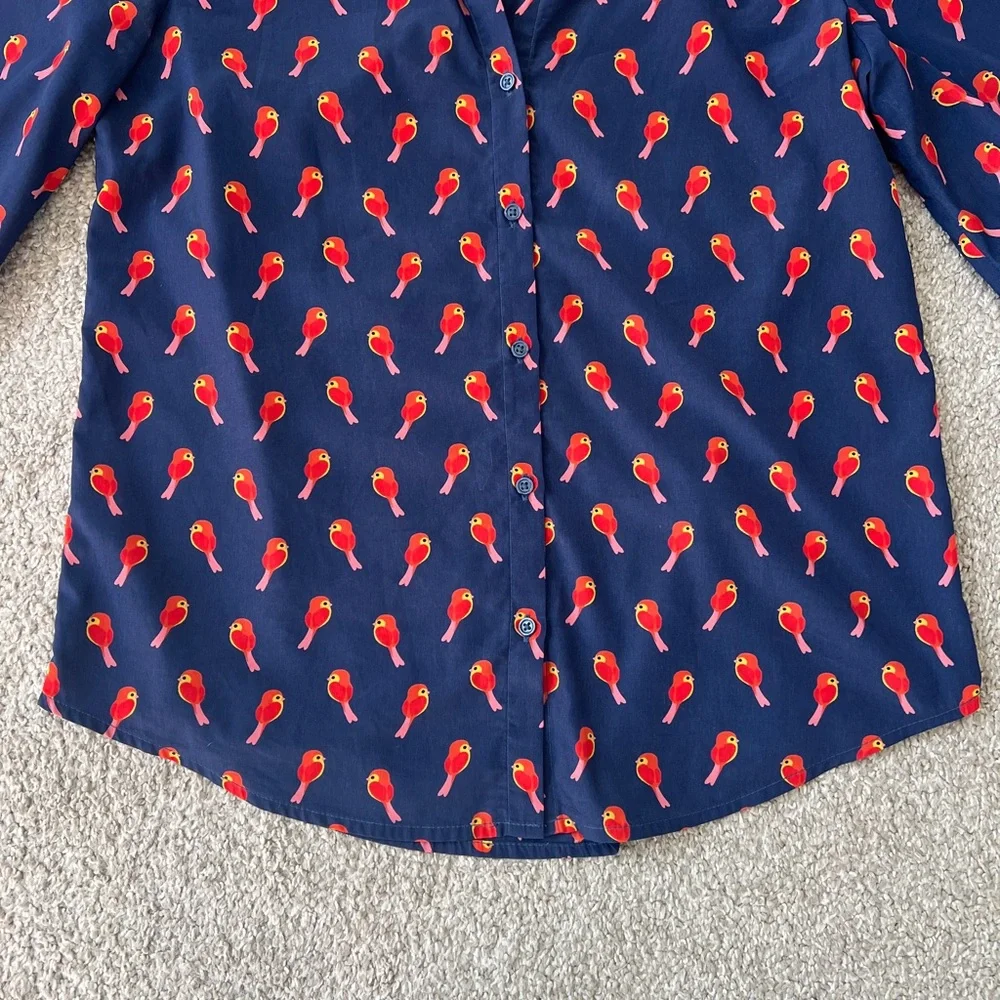 Old Navy Navy Blue Blouse with Red Birds, 3/4 Puff Sleeve, Curve Hem Lightweight